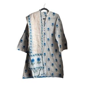 Kaas By Ideas Womens Med Floral Kurta With Dupatta White Blue Cotton